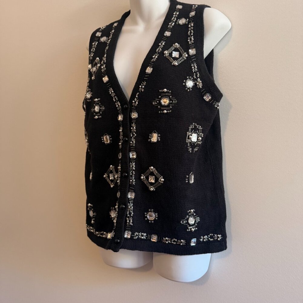 Vintage 90s Beaded Black Sweater Vest | Rhinestone Embellished | Sz M - Picture 3 of 7